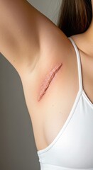 woman in lingerie, Close-up of woman shoulder with red rash. Skin condition causes embarrassing problem. Dark armpit area from deodorant allergic reaction. Underarm wrinkle and cosmetic damage