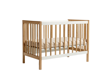 Simple wood crib with white rails and beige mattress