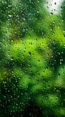 Vibrant green foliage through rain-covered window with reflective water droplets. Nature concept.