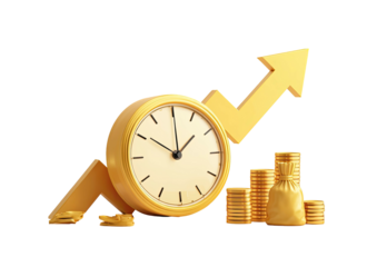 Gold clock, arrow up, and money stacks indicate growth