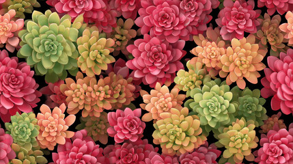 Naklejka premium Seamless botanical pattern with Sedum adolphi rosettes in warm coral, peach, and lime green tones on a deep black background, hand-painted effect with rich gradients and soft shading