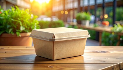 Takeout container on a wooden table in outdoor setting - eco-friendly, food packaging, and sustainability