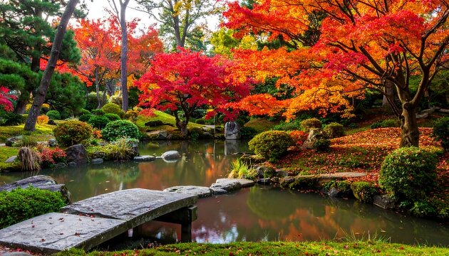 Picturesque Japanese garden with fall colors, pond, and stone bridge