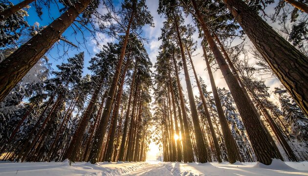 Perspective shot up through snow-covered trees towards the sunset - Powered by Adobe
