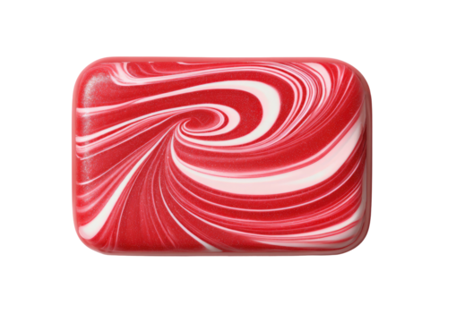 Swirled red and white rectangular candy or treat on black