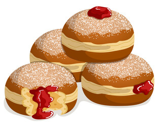 Sufgoniyah Jelly Donuts Bitten & Whole Pile Illustration - Traditional Hanukkah Sweet Treat Composition