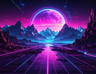 A vibrant, digitally rendered landscape showcases a futuristic synthwave aesthetic with a neon grid, soaring mountains, and a vast planet in the background, creating a dramatic and dreamlike...