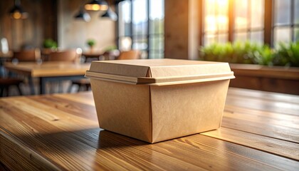 Disposable brown paper food container with lid on a wooden table in a cafe or restaurant setting