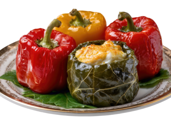 Stuffed peppers and grape leaf on plate