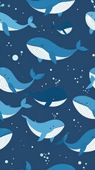 Fototapeta premium Cartoon whales swim playfully in a deep blue ocean with bubbles around