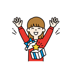 ギフトが当たってバンザイする、若い女性のシンプルな上半身ベクターイラスト素材＿カラー