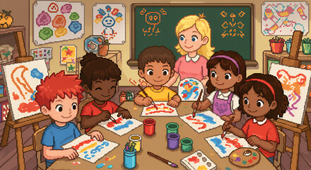 Colorful Classroom Children Painting Art in Art Class