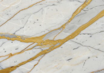 Luxurious white marble texture featuring bold, diagonal metallic gold veins, creating a high-end, opulent natural stone pattern