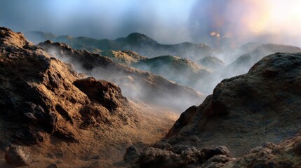 Obraz premium Breathtaking Natural Landscape with Rocky Terrain and Misty Atmosphere under an Ethereal Sky