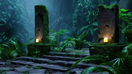 Mystical Jungle Pathway with Ancient Stone Pillars Lit by Soft Glow of Lanterns Surrounded by Lush Greenery