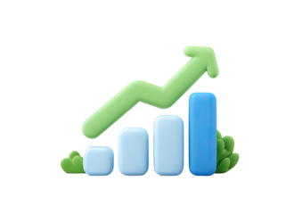 Growing bar graph with upward-pointing green arrow