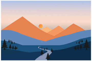 Sunset Mountain Landscape Vector Illustration.