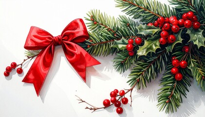 A Evergreen and Holly Arrangement with Red Bow and Berries in Classic Christmas Composition