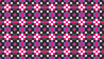 Vibrant geometric seamless pattern featuring checkered squares and diamond shapes in pink, purple, black, and white. This retro-style design creates a bold, dynamic look