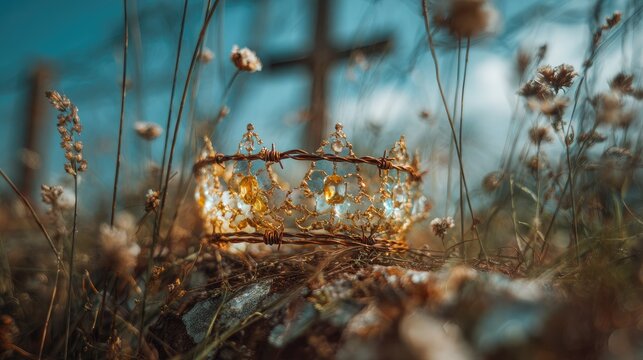 A crown of thorns rests amidst dried grasses.