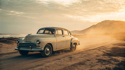 Obraz premium Vintage cream-colored sedan driving on dusty desert road at golden hour, mountains visible through atmospheric haze, creating nostalgic cinematic travel scene.