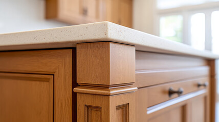 Fototapeta premium Close up of wood cabinet with stone countertop, modern kitchen, natural light, elegant detail