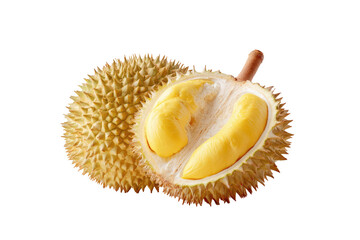 Naklejka premium Durian fruit, spiky shell, bright yellow pulp, halved