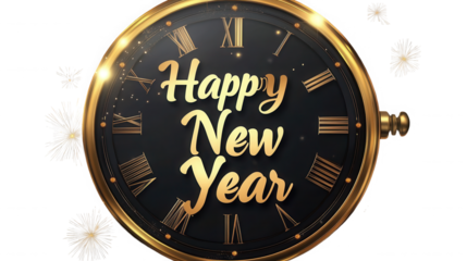 Golden happy new year message with clock and fireworks on transparent background