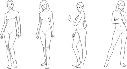 Female body poses reference illustration set showing anatomy, gesture, and movement for artists, drawing practice, and character design templates.