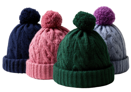 Knit beanie hats, each with pom-pom, four colors
