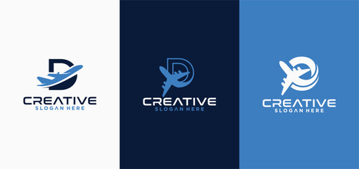 Fototapeta premium Airplane initial D logo, Travel icon, Flight logo sign, airline company logo, and air transportation.