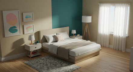 Modern Bedroom with Beige Bedside Tables White Bedding and Abstract Wall Art