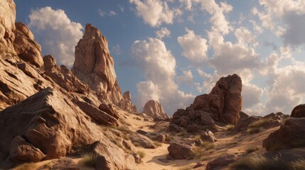 Stunning Rocky Landscape with Dramatic Clouds and Soft Desert Sand Under a Bright Blue Sky