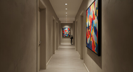Modern Art Gallery Hallway with Colorful Abstract Paintings and Soft Lighting
