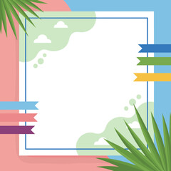 A bright and cheerful background design with playful shapes and tropical leaves.