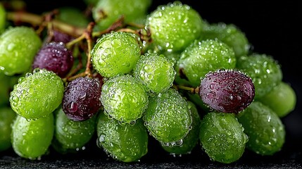 Bunch of green and purple grapes with water droplets against a dark background.