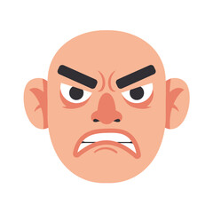 Obraz premium A bald human face with furrowed brows and a grimacing expression, showing anger.