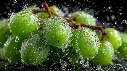 Green grapes with water droplets on a dark surface close up.