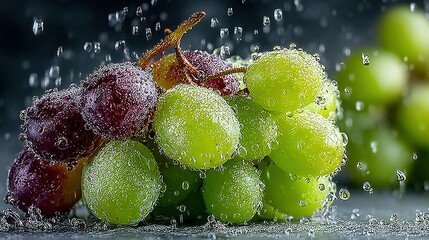 Bunch of green and red grapes with water droplets on a dark surface.