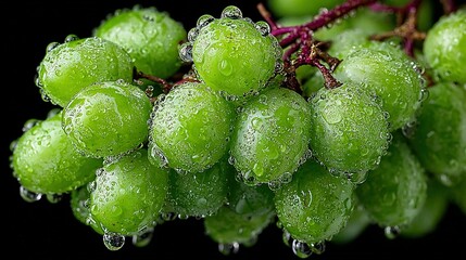 Bunch of green grapes with water droplets on a dark background.