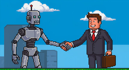 Pixel Art Robot and Businessman Shaking Hands in Bright Outdoor Scene