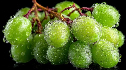 Bunch of green grapes covered in water droplets against a dark background.