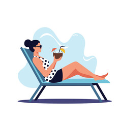 A woman enjoys a refreshing coconut drink while relaxing on a lounge chair at the beach on a sunny day.