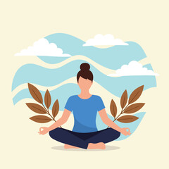 Woman meditating peacefully in a serene environment surrounded by nature and clouds.