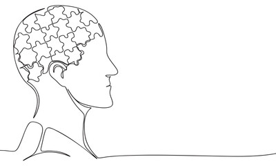 Continuous Line Drawing Human Head with Puzzle Brain Concept