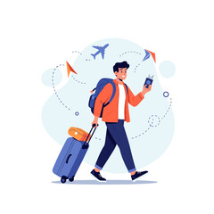 A young man with a backpack and luggage embarks on an exciting travel adventure.