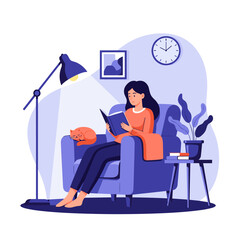 A young woman reading a book in a comfortable armchair with a cat on her lap.