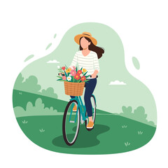 Woman riding a bicycle with a basket of flowers on a sunny day.