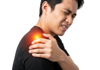 Man experiencing sharp shoulder pain indicating injury or strain