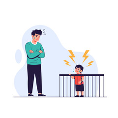 Frustrated father observing his crying child in a playpen feeling overwhelmed by parental stress and responsibility.